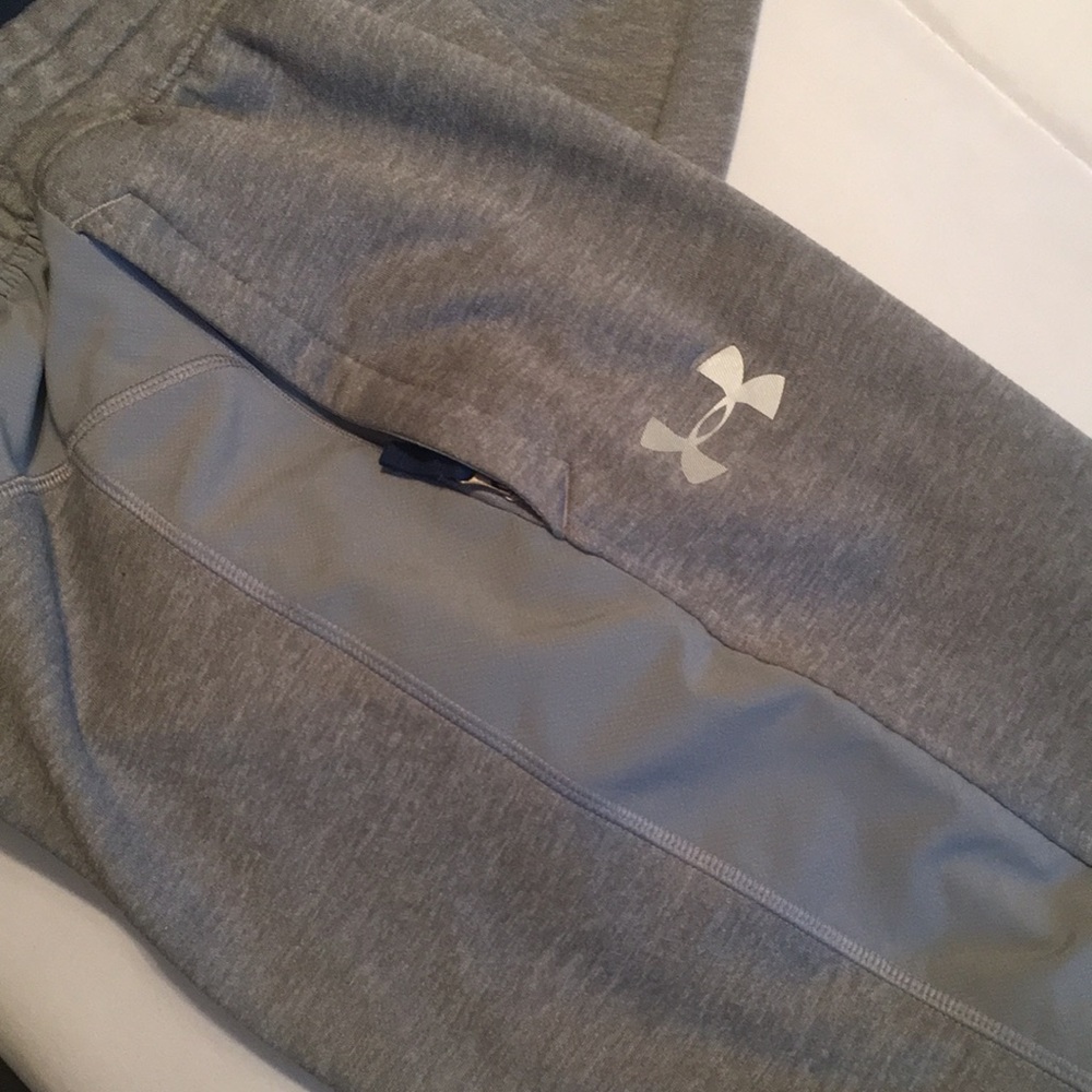 Gray Under Armour sweatpants with blue zipper detail. - Picture 3 of 5